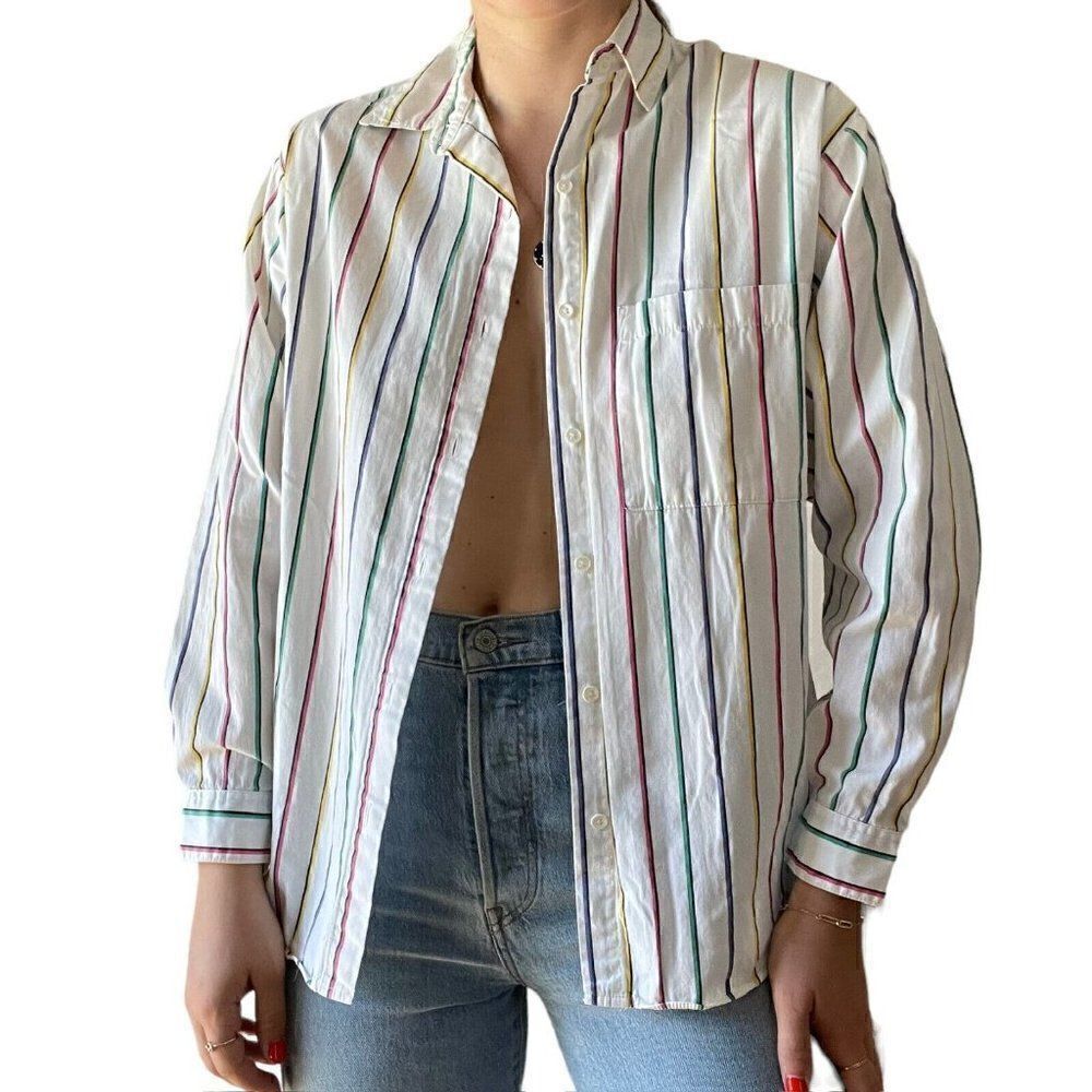 Vintage 1980s Hunt Club Rainbow Stripe Cotton Preppy Button Down Shirt Sz M